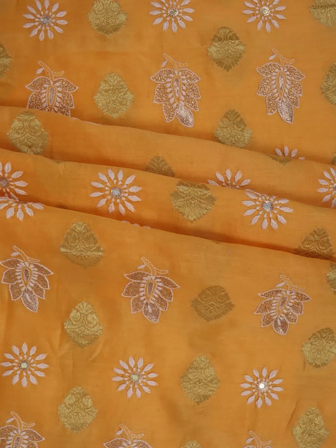 Ada Hand Embroidered Mustard Chanderi Lucknowi Chikankari Unstitched Kurta Piece With Zari Work 01A139632