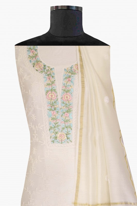 Ada Hand Embroidered Cream Chanderi Lucknowi Chikan Unstitched Kurta Dupatta Set- A610361