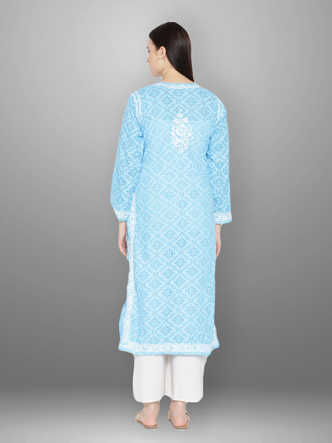 Ada Hand Embroidered Blue Cotton Lucknowi Chikankari Straight Kurta A100107