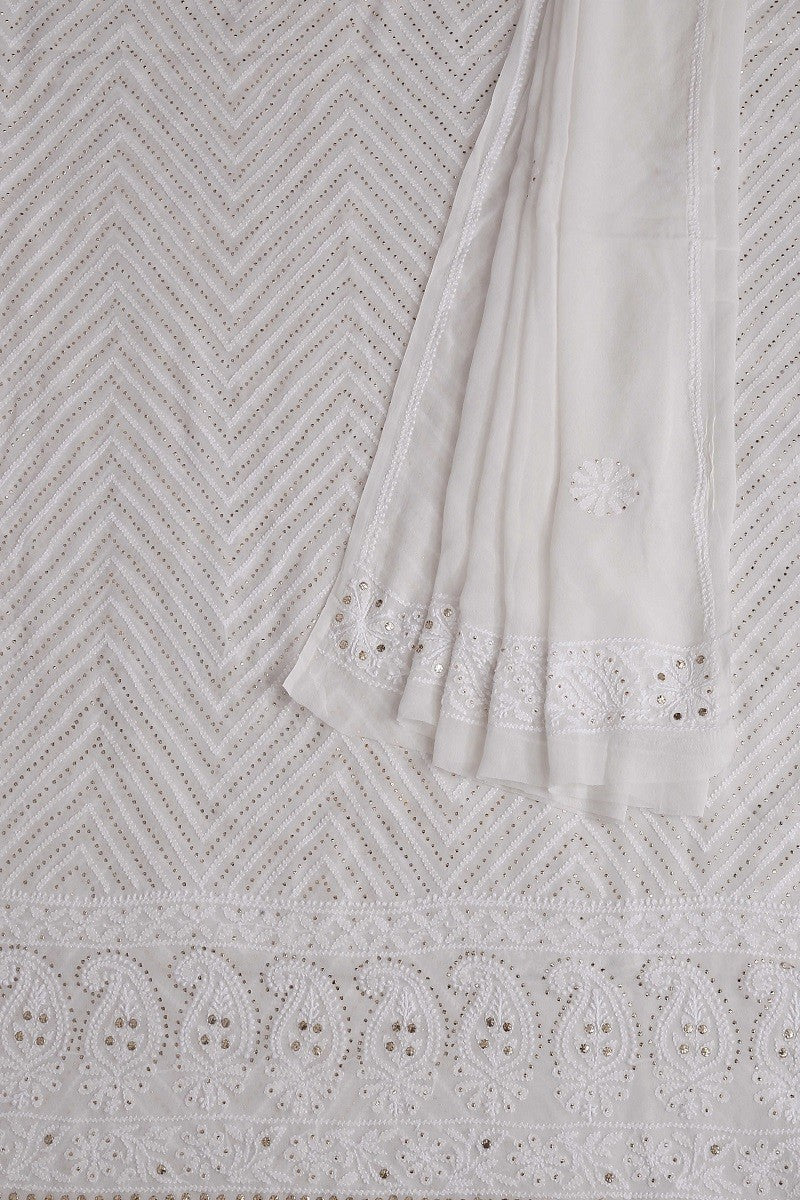 Ada Hand Embroidered White Pure Georgette Lucknowi Chikan Unstitched Kurta Dupatta with Muqaish Work– A590754