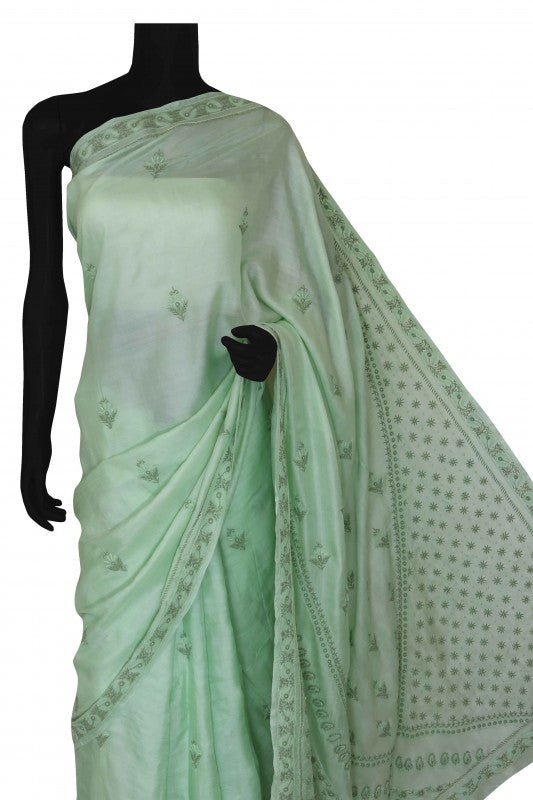 Ada Hand Embroidered Sea Green Silk Lucknowi Chikankari Saree With Blouse-A608646