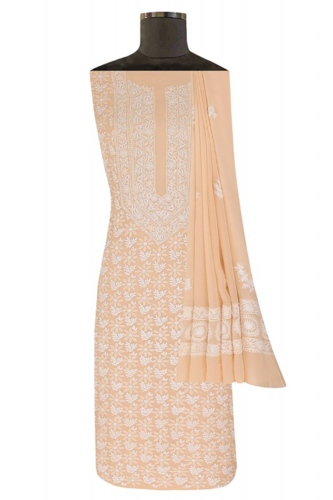 Ada Hand Embroidered Beige Pure Georgette Lucknowi Chikankari Unstitched Kurta Dupatta Set A1114
