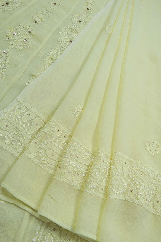 Ada Hand Embroidered Lemon Georgette Lucknowi Chikankari Semi-Stitched Anarkali Kurta Dupatta Set With Muqaish Work A607089