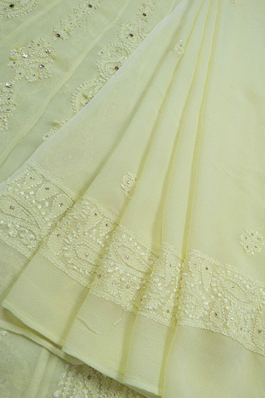 Ada Hand Embroidered Lemon Georgette Lucknowi Chikankari Semi-Stitched Anarkali Kurta Dupatta Set With Muqaish Work A607089