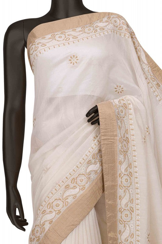 Ada Hand Embroidered Cream Chanderi Lucknowi Chikankari Saree With Blouse  A497442