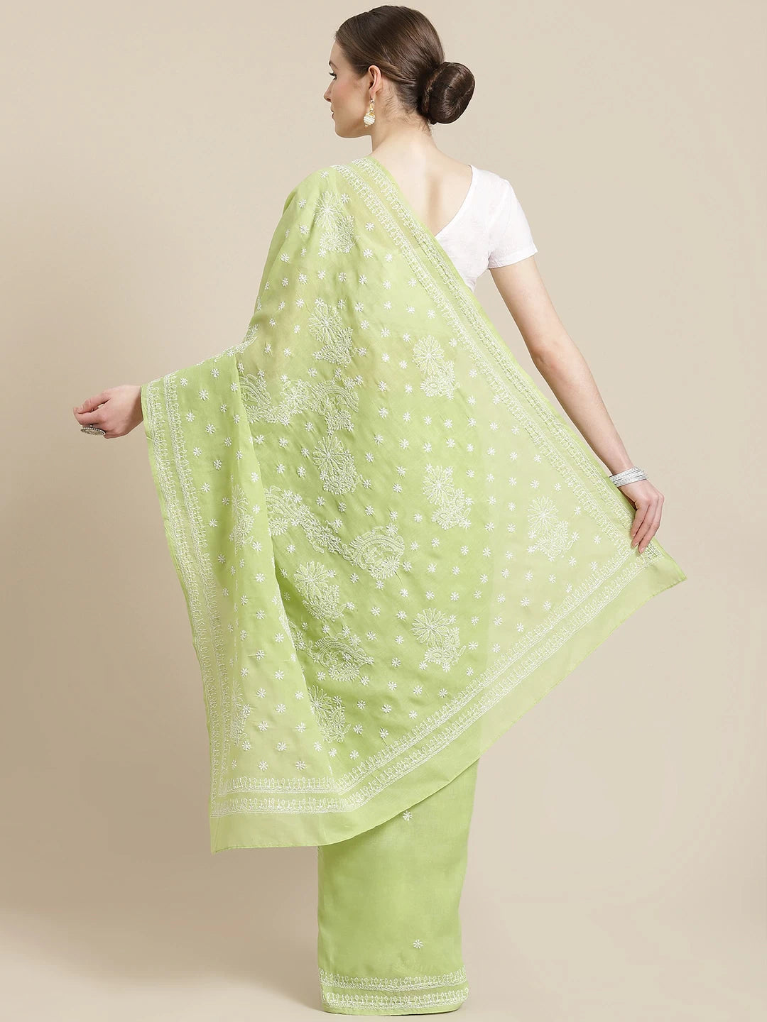 Ada Hand Embroidered Green Cotton Lucknow Chikan Saree With Blouse- A311250
