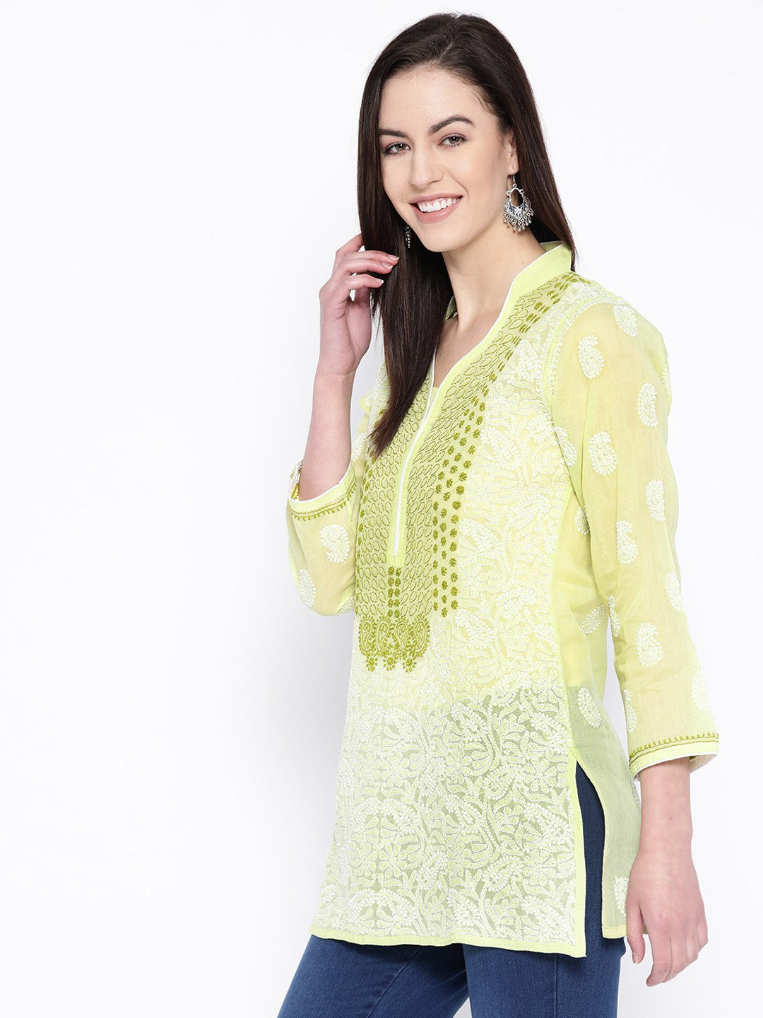 Ada Hand Embroidered Green Cotton Lucknow Chikan Top– A100229