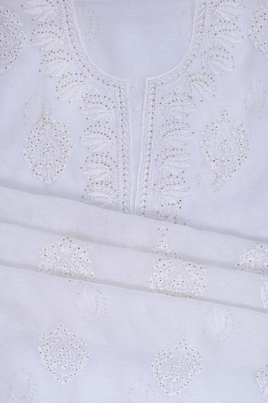 Ada Hand Embroidered White Kota Lucknowi Chikankari Unstitched Suit Piece With Muqaish Work 01A67182