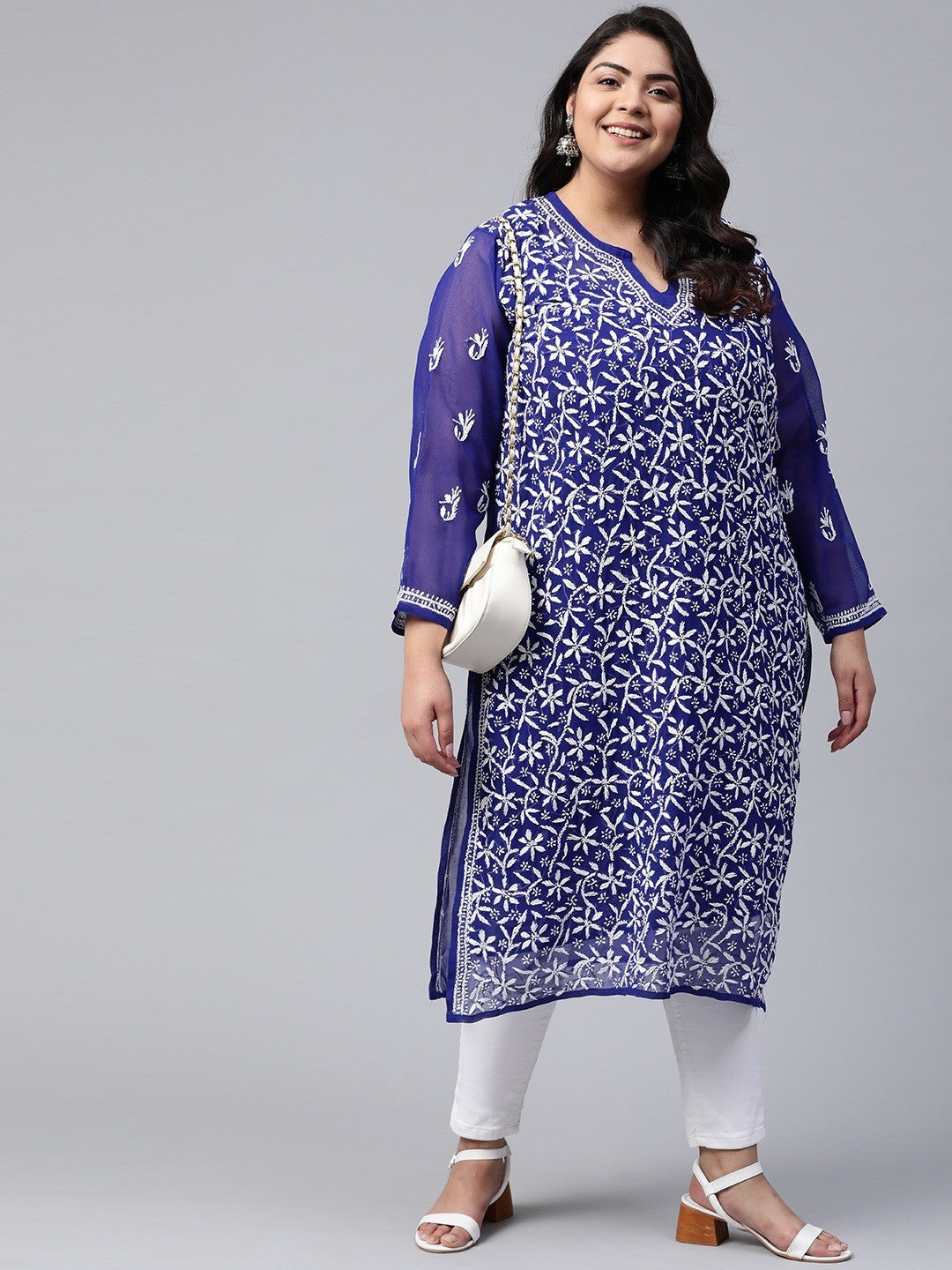 Ada Hand Embroidered Royal Blue Georgette Lucknowi Chikankari Straight Kurta with Slip A100347