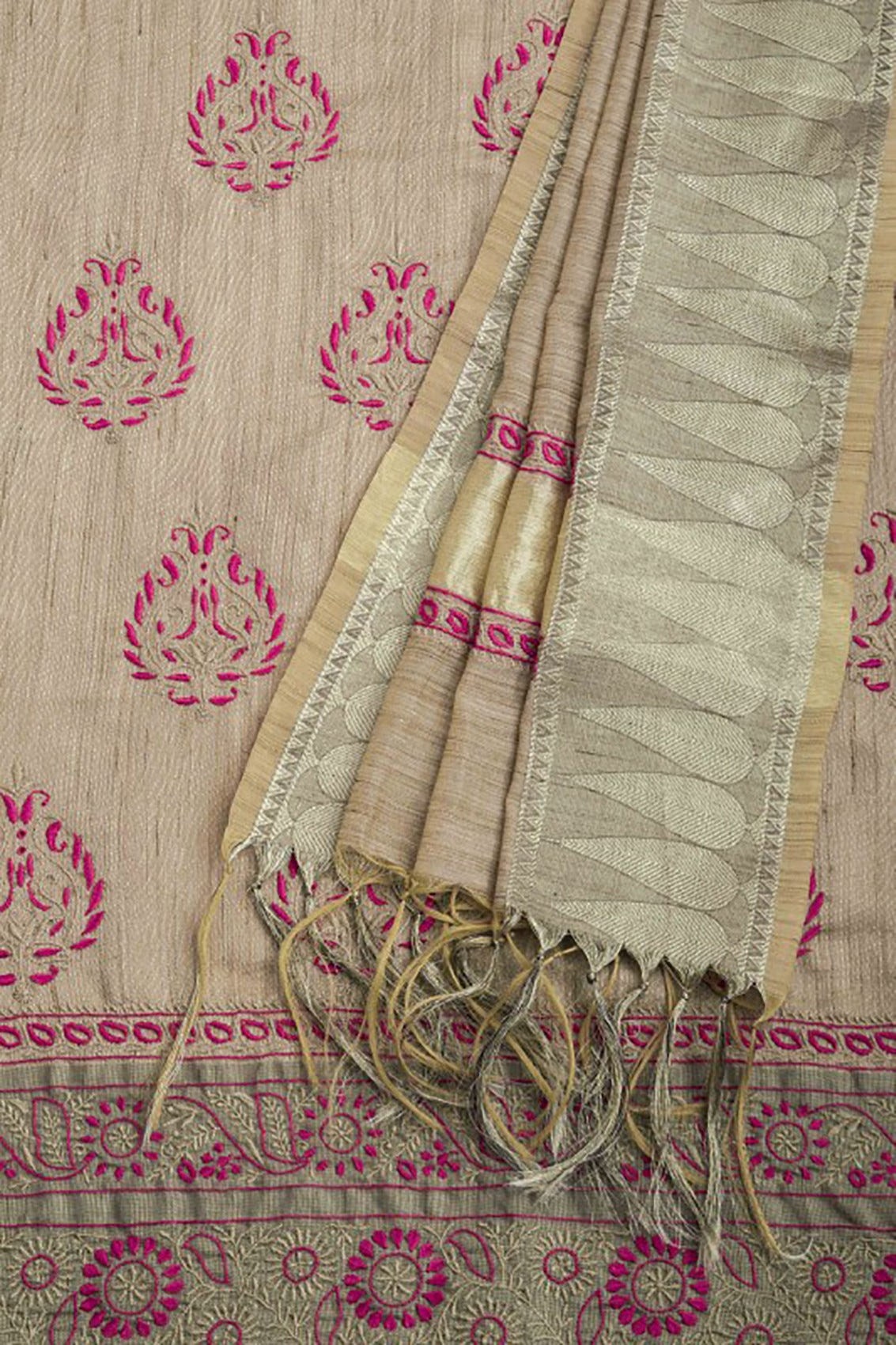 Ada Hand Embroidered Fawn Chanderi Lucknowi Chikankari Unstitched Kurta Dupatta Set A123224