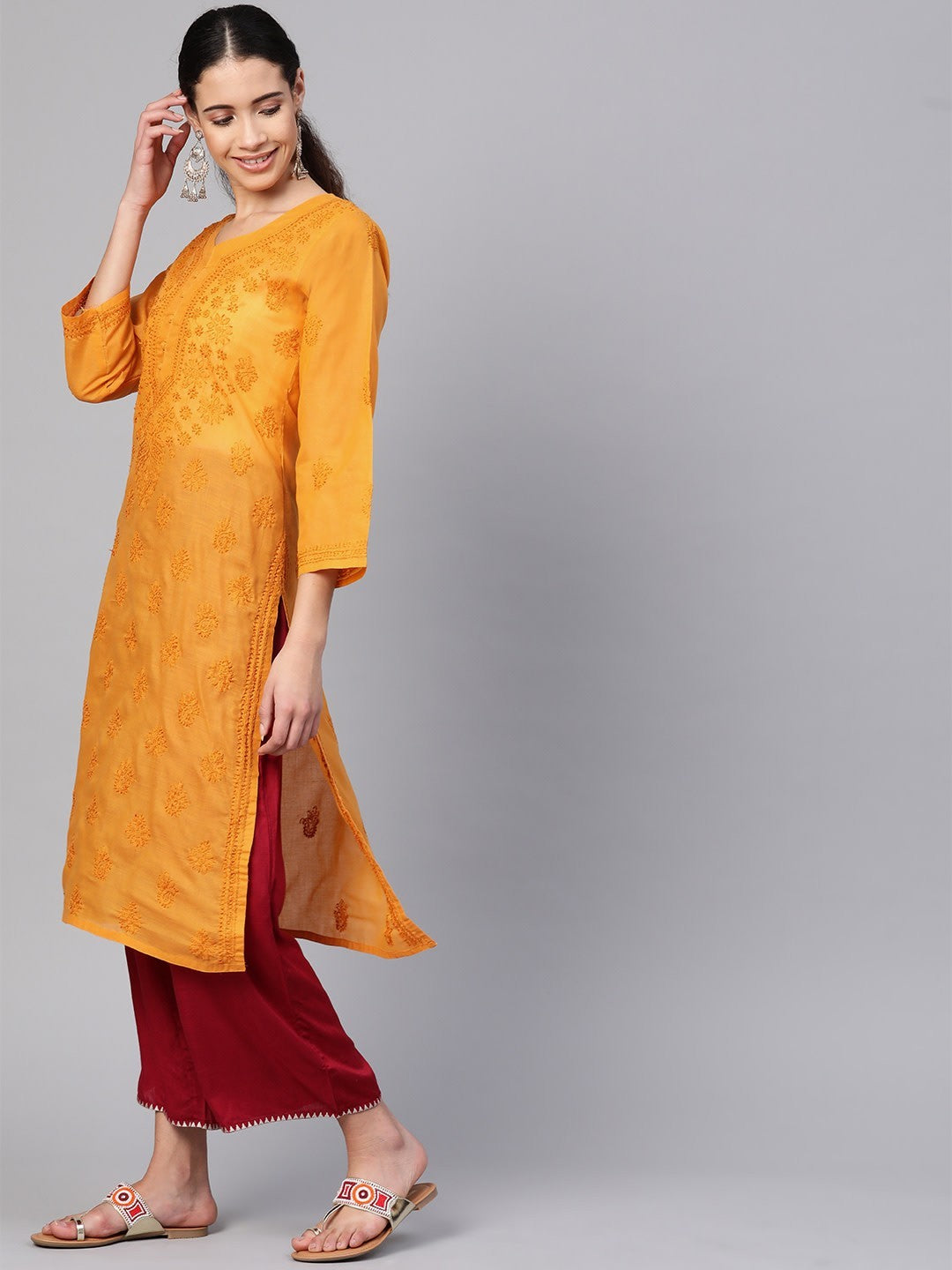 Ada Hand Embroidered Mustard Cotton Lucknowi Chikankari Straight Kurta A100366