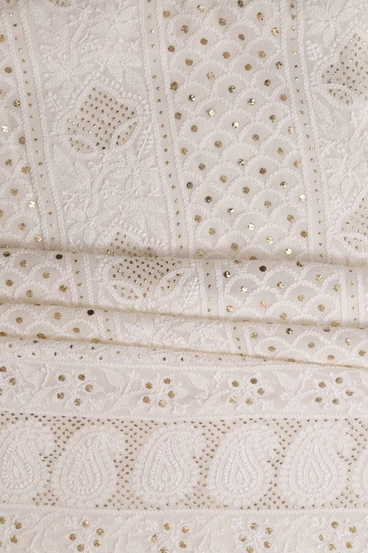 Ada Hand Embroidered White Pure Georgette Lucknowi Chikan Unstitched Kurta Dupatta With Muqaish Work–A560187