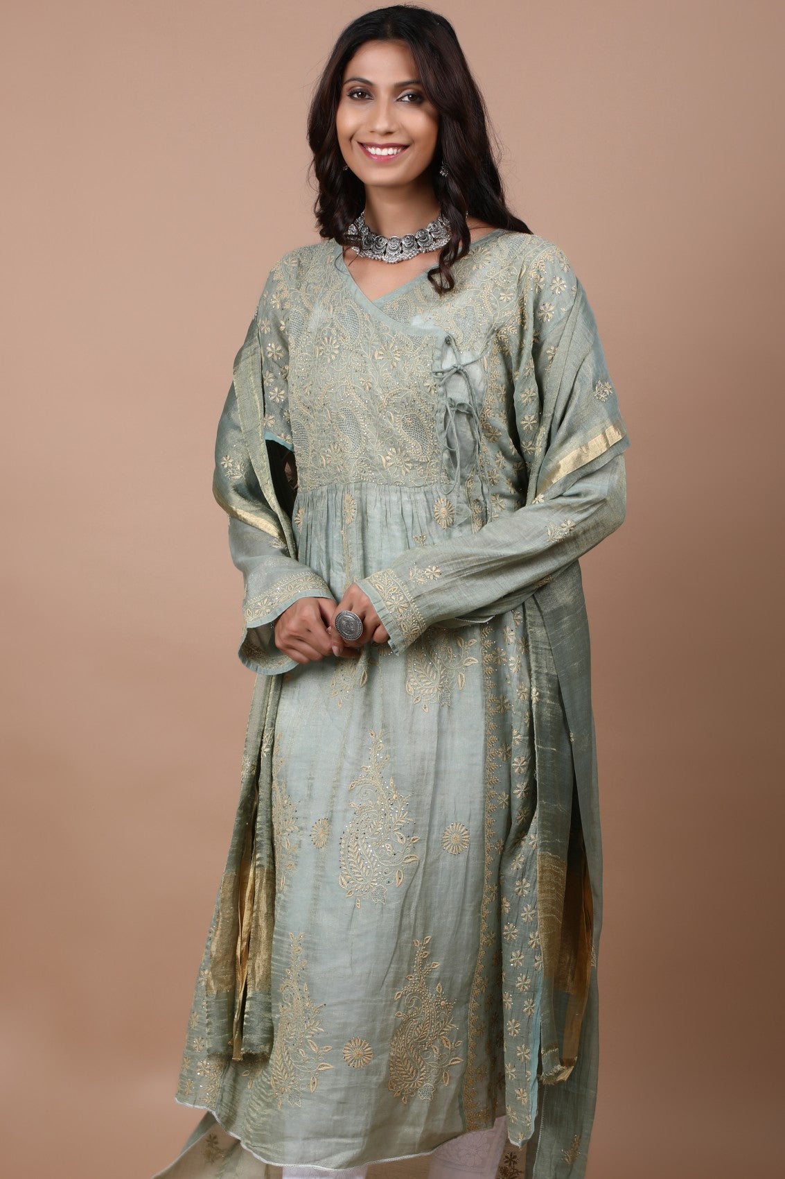 Ada Hand Embroidered Pickle Green Tissue Lucknowi Chikankari Semi-stitched Kurta Dupatta Set With Muqaish Work 01A189051
