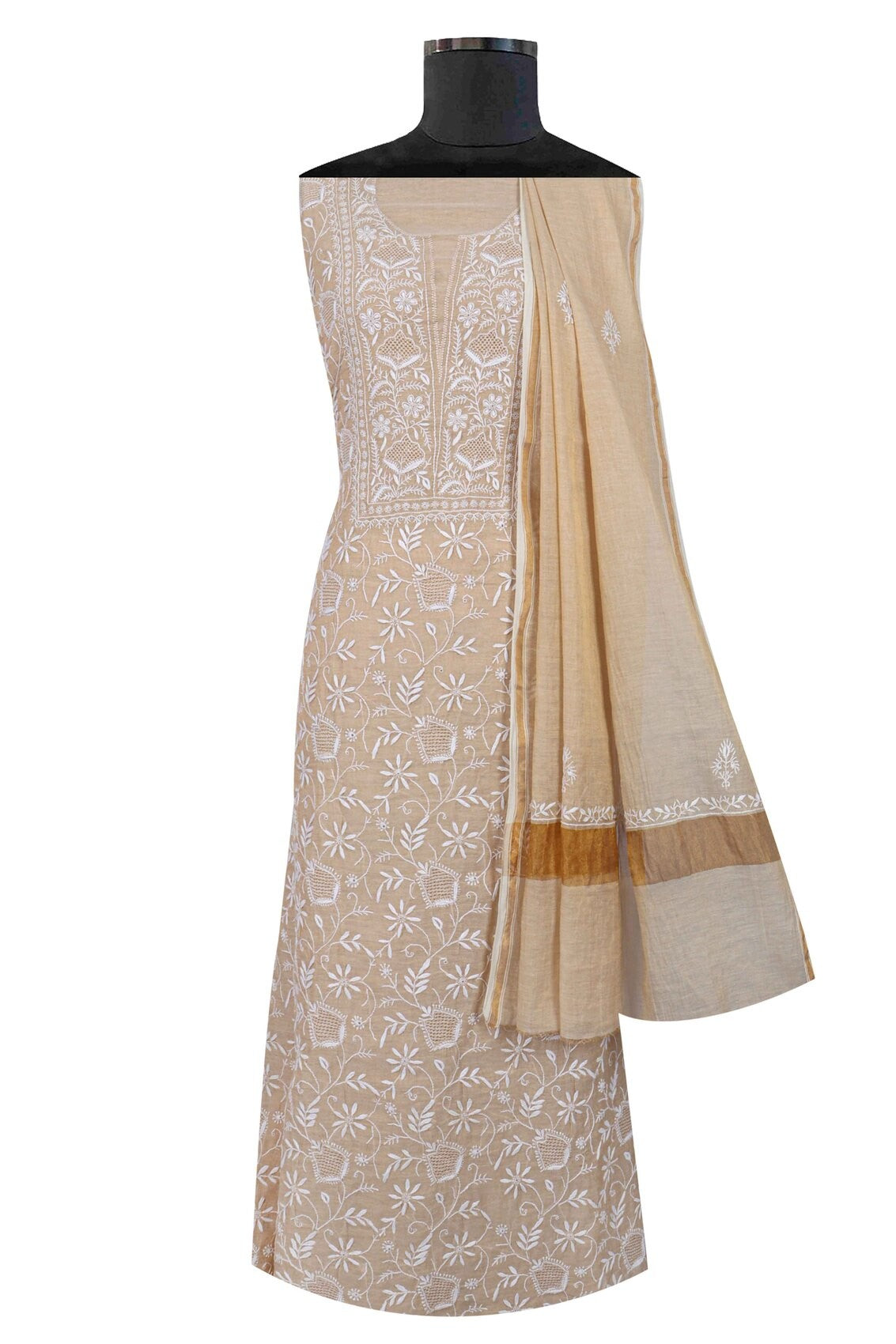 Ada Hand Embroidered Natural Fawn Tissue Lucknowi Chikankari Unstitched Kurta Dupatta Set 01A213418