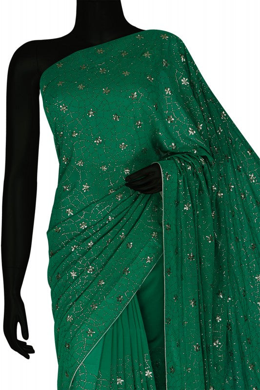 Ada Hand Embroidered Emerald Green Shaded Pure Georgette Lucknowi Chikankari Saree/Blouse with Muqaish Work A406251