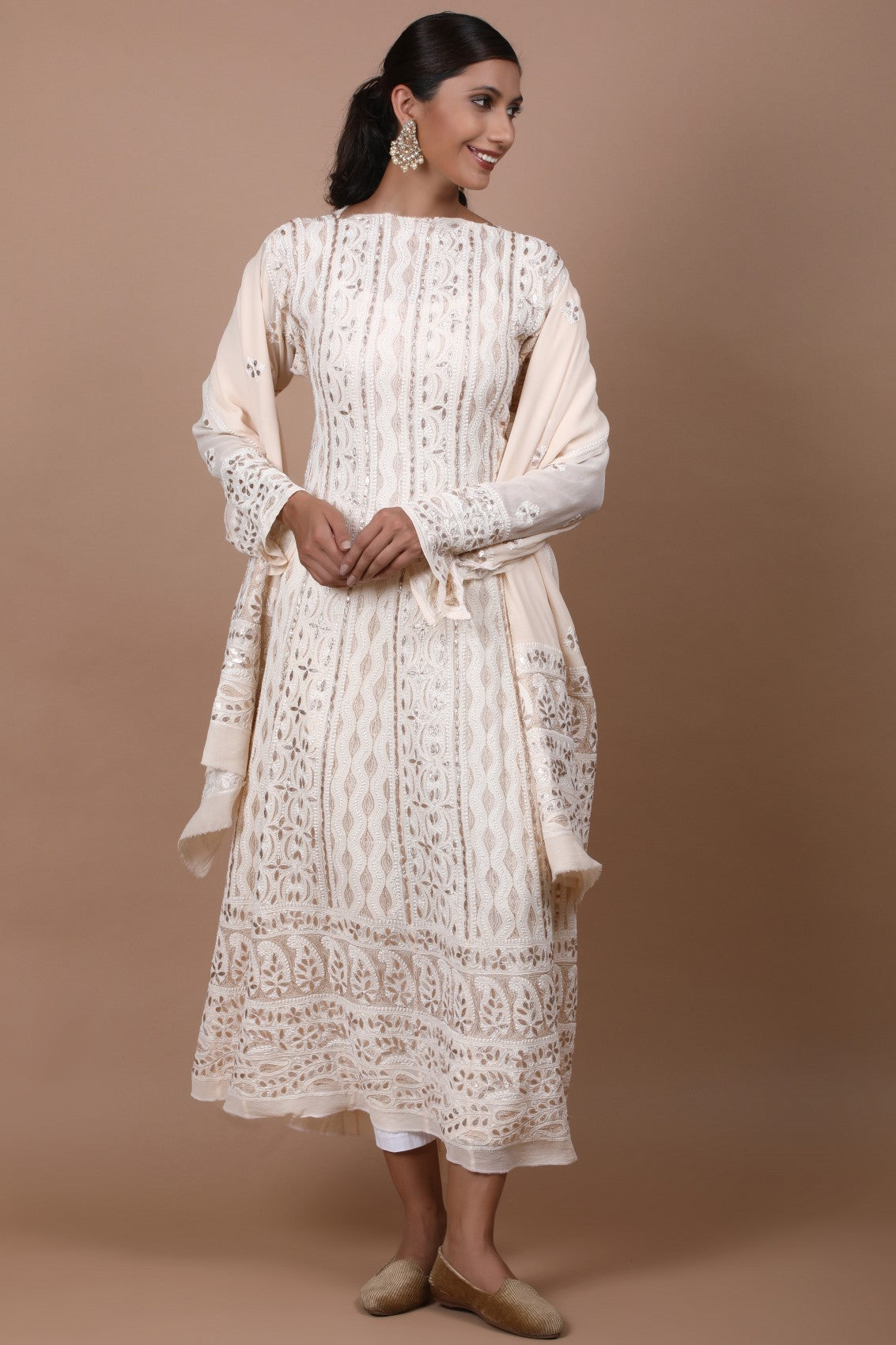 Ada Hand Embroidered Cream Pure Georgette Lucknowi Chikankari Semi-Stitched Anarkali Kurta Dupatta Set With Gota Patti Work 01A174899