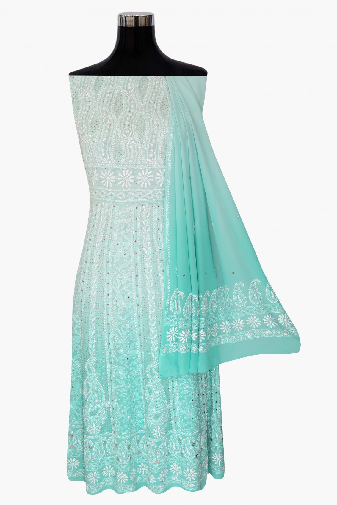 Ada Hand Embroidered Dual Shade Of Sea Green Pure Georgette Lucknowi Chikankari Semi-Stitched Anarkali Kurta Dupatta Set With Muqaish Work 01A313773