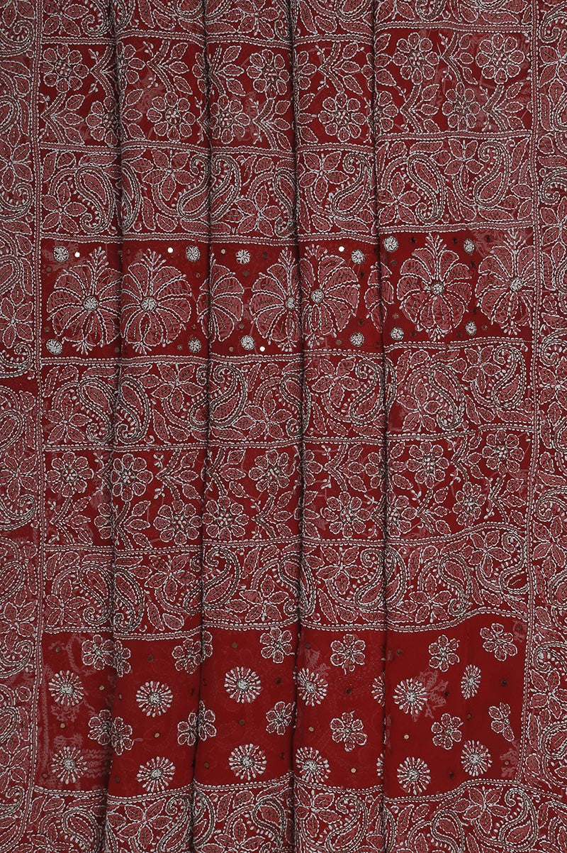 Ada Hand Embroidered Red Georgette Lucknowi Chikankari Saree/Blouse With Zari work A568660