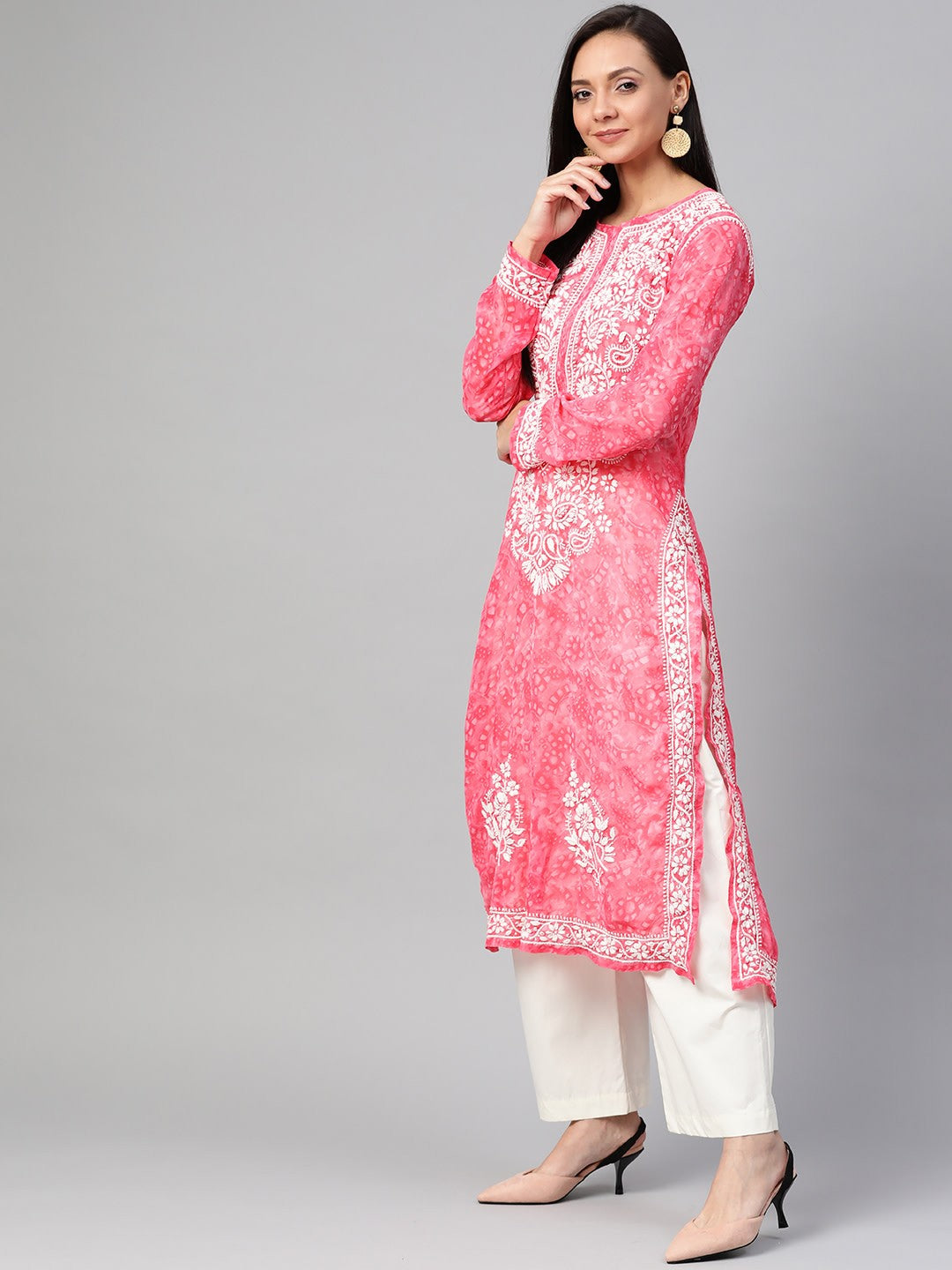 Ada Hand Embroidered Pink Faux Georgette Lucknow Chikankari Kurta- A100464