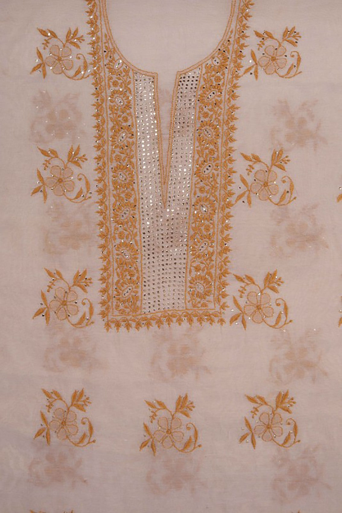 Ada Hand Embroidered Natural Fawn Tissue Lucknowi Chikankari Unstitched Suit Piece With Muqaish Work 01A27069