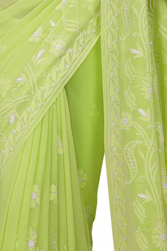 Ada Hand Embroidered Light Green Pure Georgette Lucknowi Chikankari Saree with Blouse  A310987