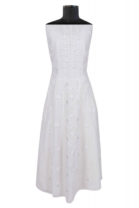 Ada Hand Embroidered White Chanderi Lucknowi Chikankari Semi-Stitched Anarkali Kurta Piece With Muqaish Work A609248