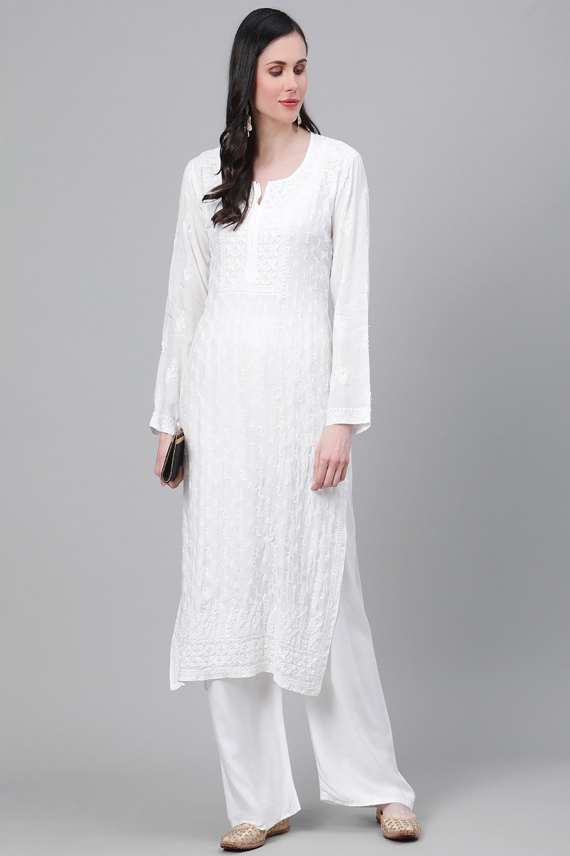 Ada Hand Embroidered White Muslin Lucknowi Chikankari Kurta A411141