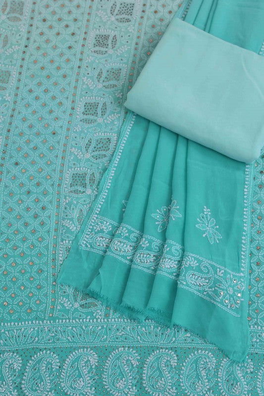Ada Hand Embroidered Mint Green Georgette Lucknowi Chikankari Unstitched Suit Piece With Muqaish Work – A532943