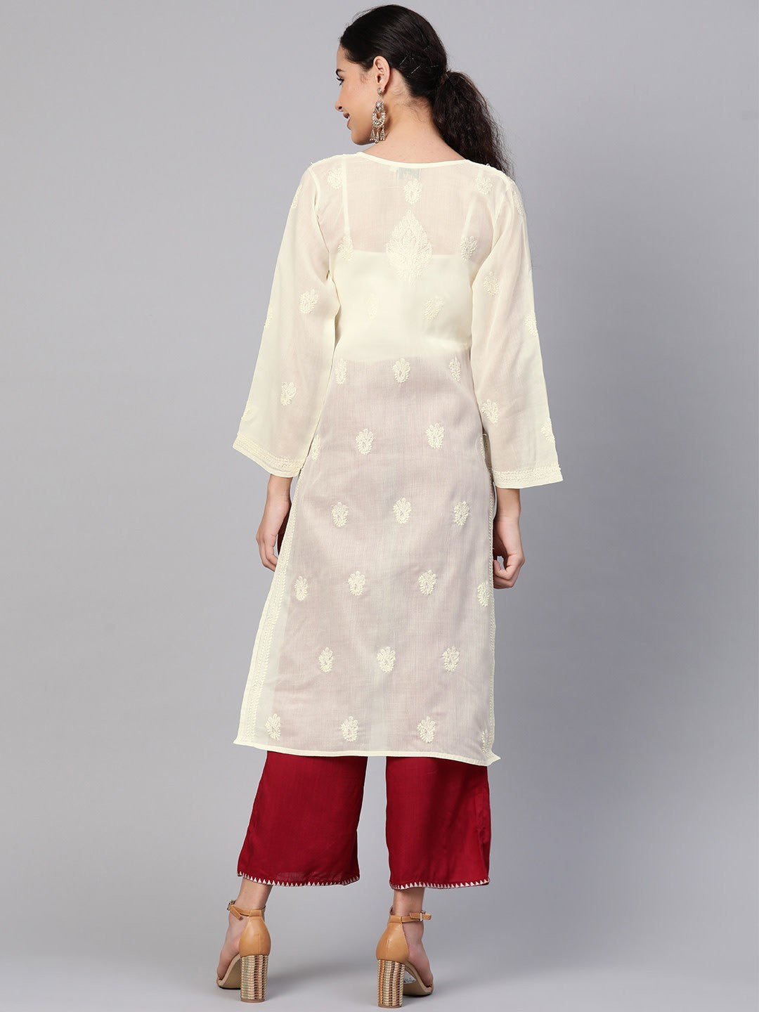 Ada Hand Embroidered Cream Cotton Lucknowi Chikankari Straight Kurta A100363