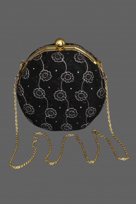 Ada Hand Embroidered Black Pure Georgette Lucknow Chikankari Clutch With Muqaish Work-A606026
