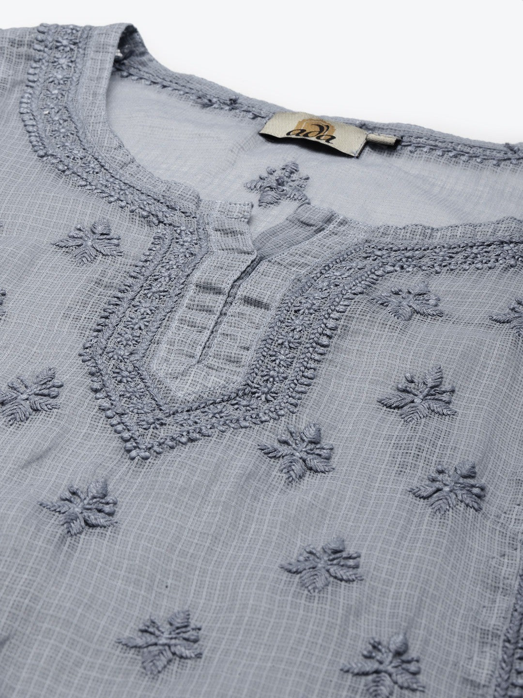 Ada Hand Embroidered Grey Kota  Lucknow Chikan Kurti With Slip A911156