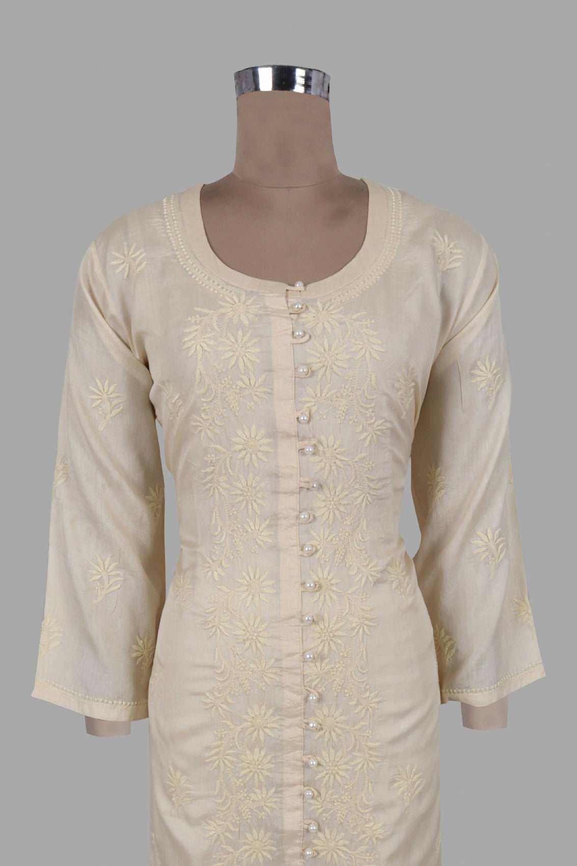 Ada Hand Embroidered Light fawn Silk Lucknow Chikankari Kurta Piece A555325
