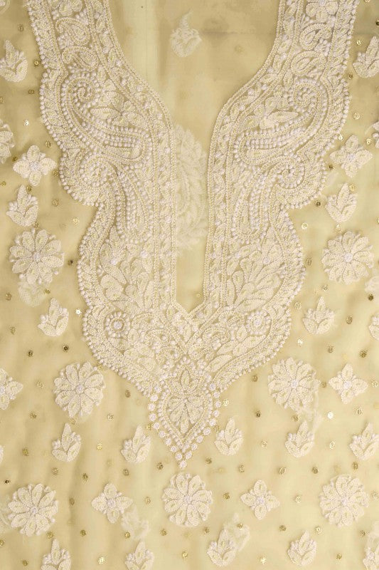 Ada Hand Embroidered Fawn Georgette Lucknowi Chikan Unstitched Suit Piece with Pearl & Sequinned Work A620849