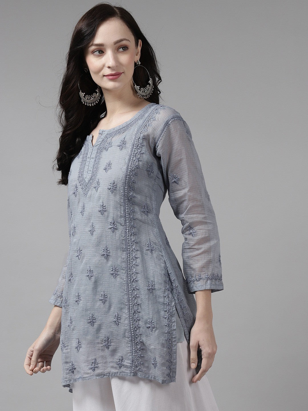 Ada Hand Embroidered Grey Kota  Lucknow Chikan Kurti With Slip A911156
