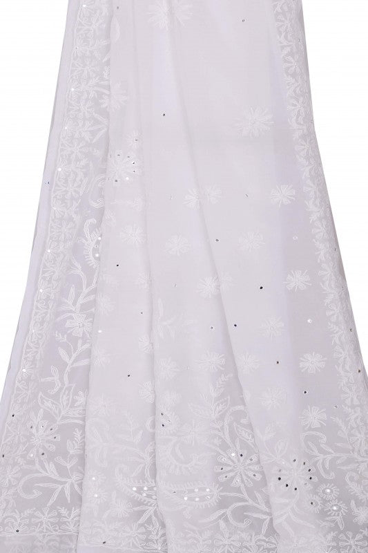 Ada Hand Embroidered White Georgette Lucknow Chikan Saree with Blouse A42297