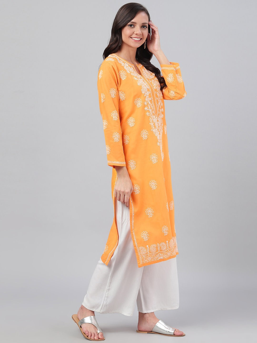 Ada Hand Embroidered Mustard Cotton Lucknowi Chikankari Straight Kurta A100472
