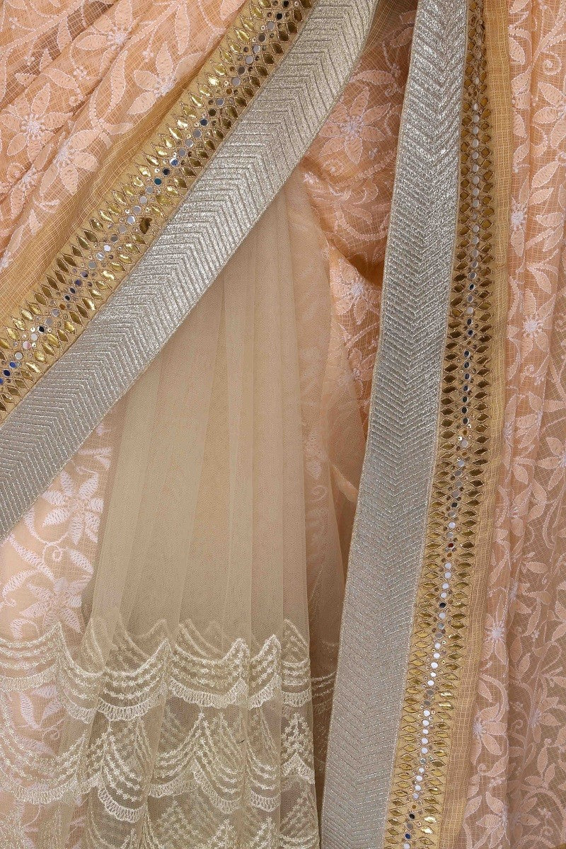 Ada Hand Embroidered Peach Kota Lucknowi Chikankari Saree With Blouse- A476123
