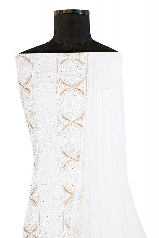 Ada Hand Embroidered White Georgette Lucknowi Chikan Unstitched Suit Piece with Muqaish Work A580885