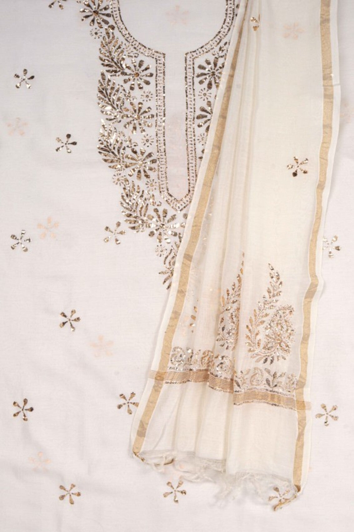 Ada Hand Embroidered White Chanderi Lucknowi Chikankari Unstitched Kurta Dupatta Set With Muqaish Work 01A40918