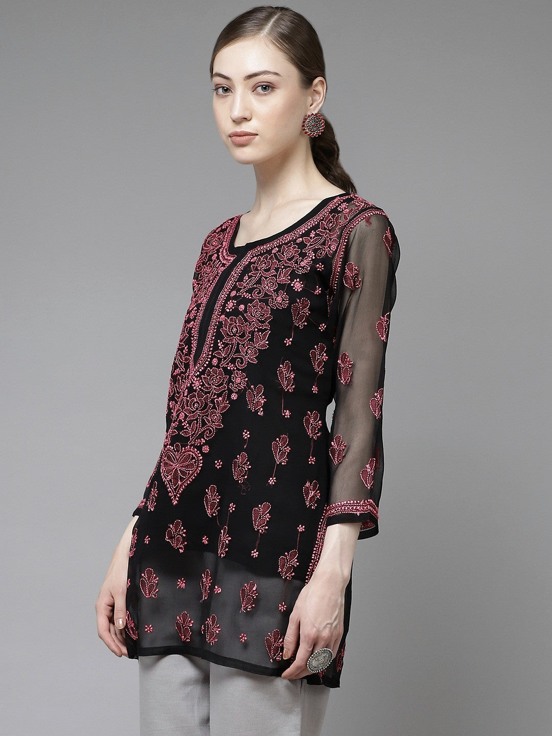 Ada Hand Embroidered Black Georgette Lucknow Chikan Kurti with slip A911136