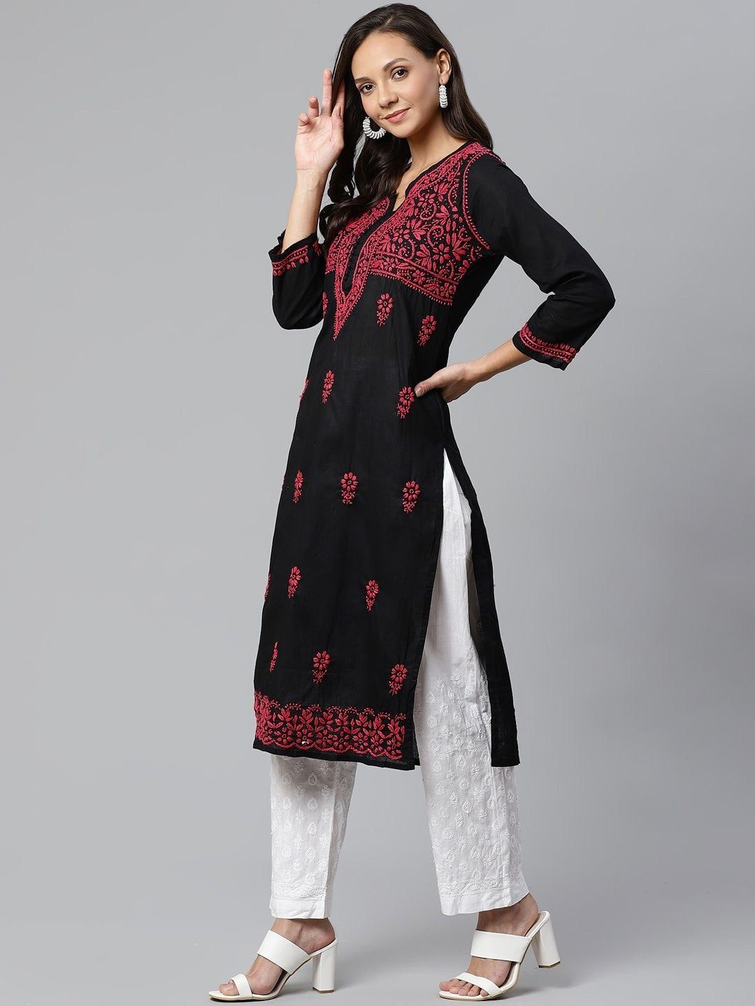 Ada Hand Embroidered Black Cotton Lucknow Chikankari Kurta with Palazzo Set A100391