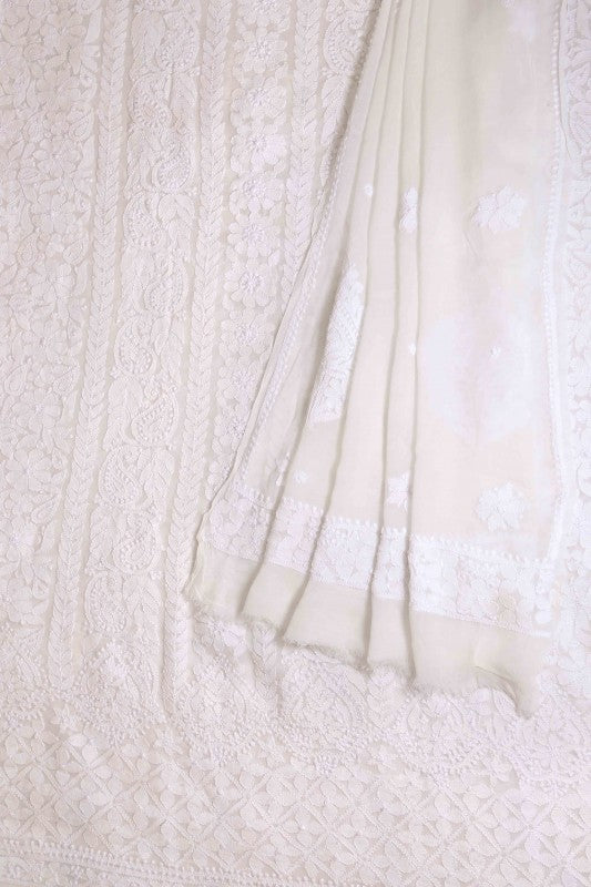 Ada Hand Embroidered White Georgette Lucknowi Chikan Unstitched Kurta Dupatta Set A621923
