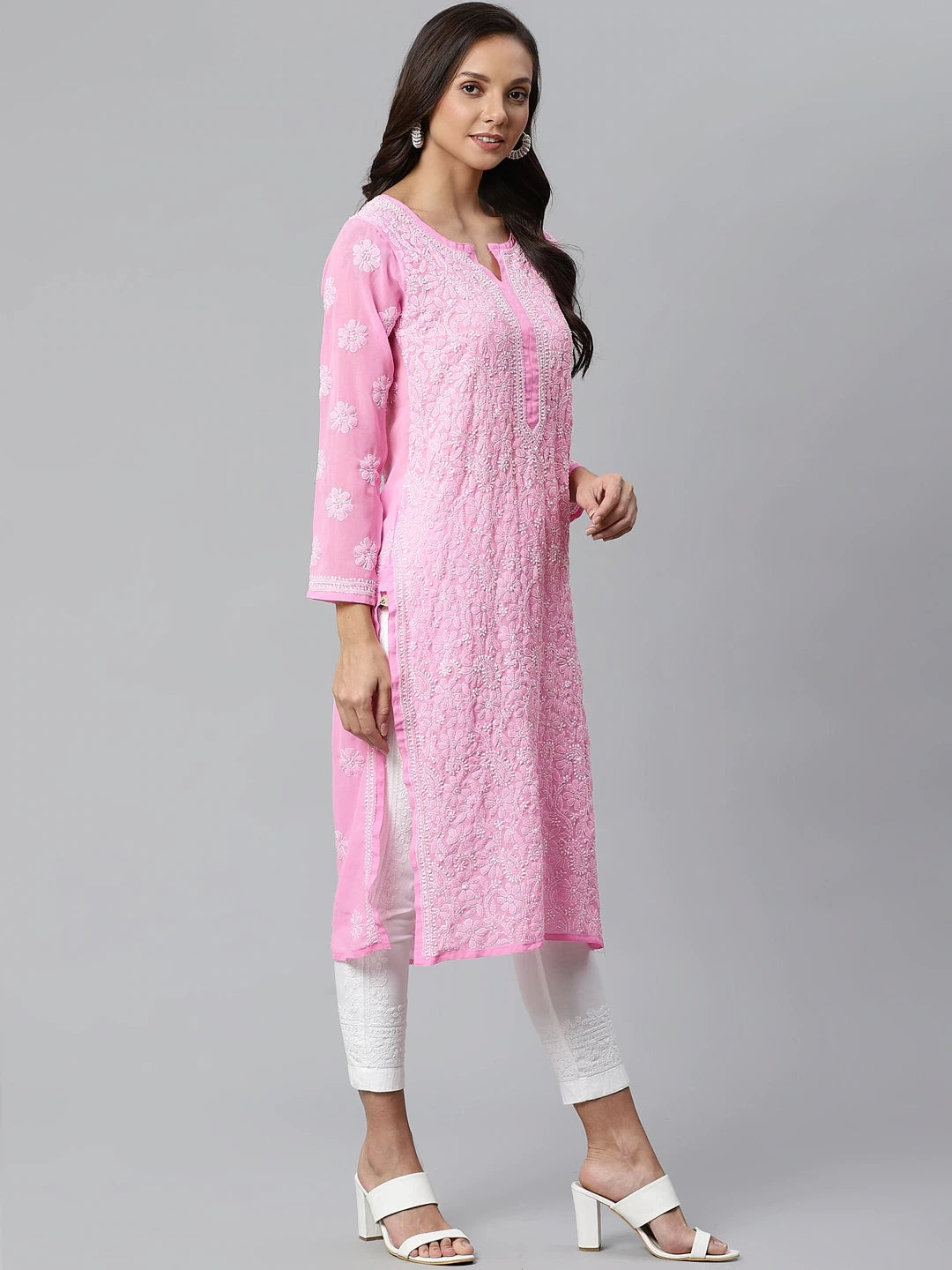 Ada Hand Embroidered Pink Georgette Lucknowi Chikankari Kurta with Palazzo Set A100404