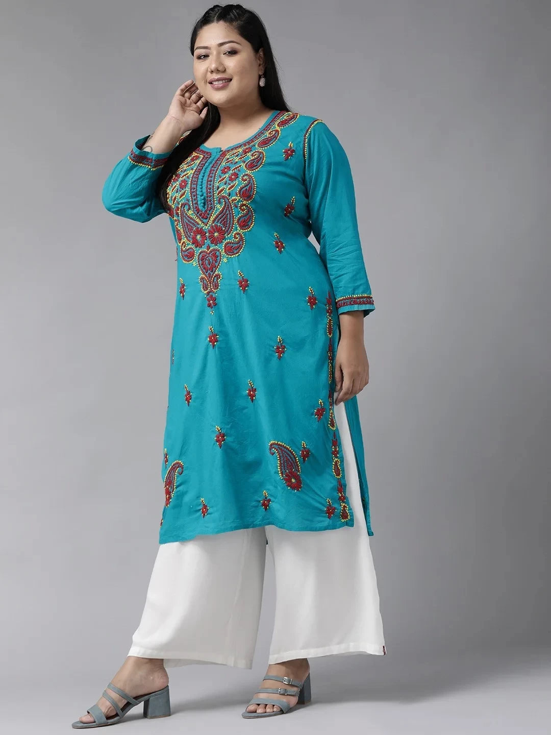 Ada Hand Embroidered Green Cotton Lucknowi Chikankari Straight Kurta A223708