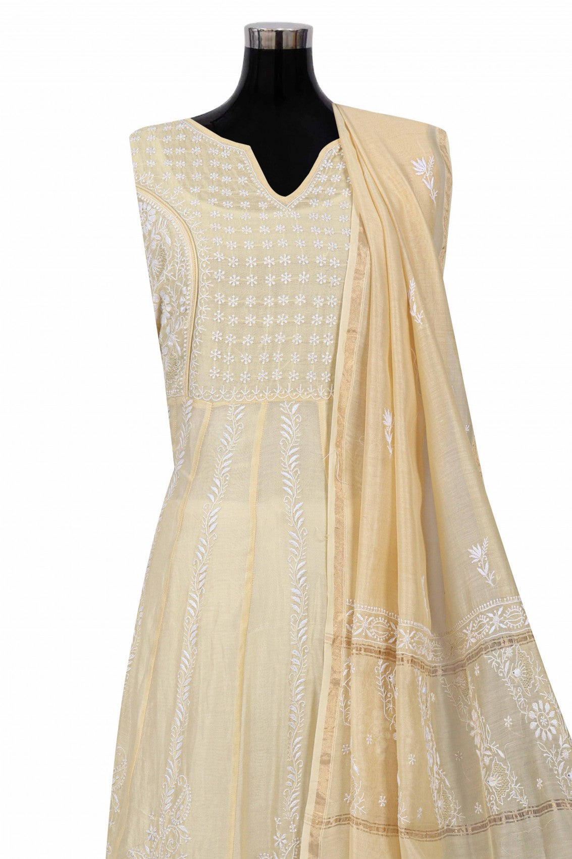 Ada Hand Embroidered Fawn Chanderi Lucknowi Chikankari Semi-Stitched Anarkali Kurta Dupatta Set 01A205808