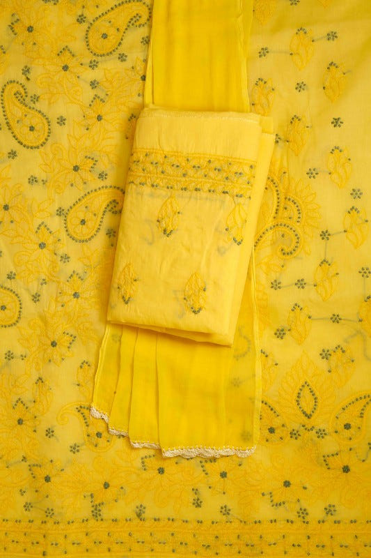 Ada Hand Embroidered Yellow Cotton Lucknowi Chikan Unstitched Suit Piece-A211119