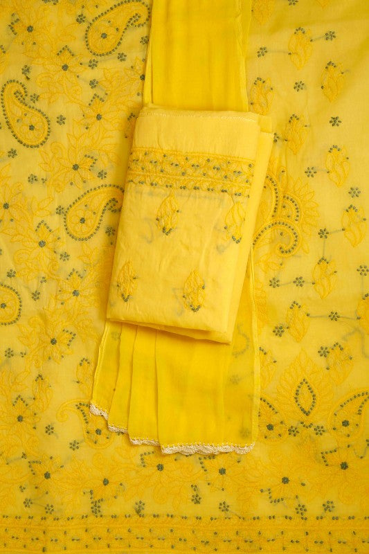 Ada Hand Embroidered Yellow Cotton Lucknowi Chikan Unstitched Suit Piece-A211119