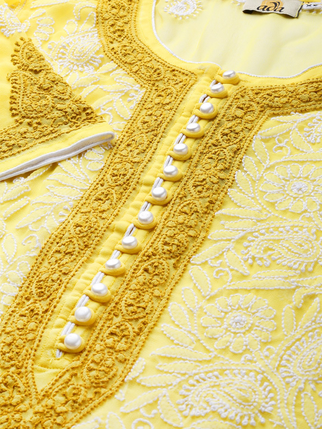 Ada Hand Embroidered Yellow Georgette Lucknow Chikankari Straight Kurti with Slip A100377
