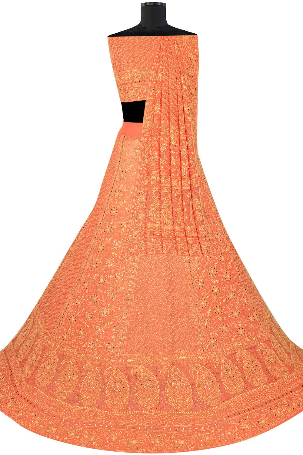 Ada Hand Embroidered Monarch Orange Pure Georgette Lucknowi Chikankari Lehenga Set With Muqaish Work– A600540