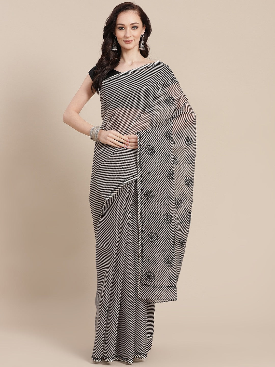 Ada Hand Embroidered Black Kota Lucknow Chikan Saree With Blouse A311347